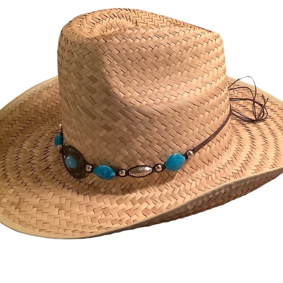 Faux Turquoise Decor Straw Cowboy Hat - Picture 4 of 6